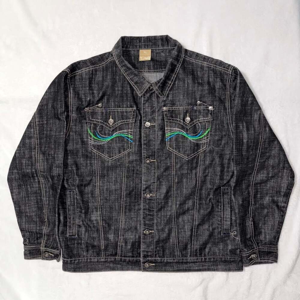 Delf Trading Inc Y2K Heavy Weight Black Embroidered Denim Jacket